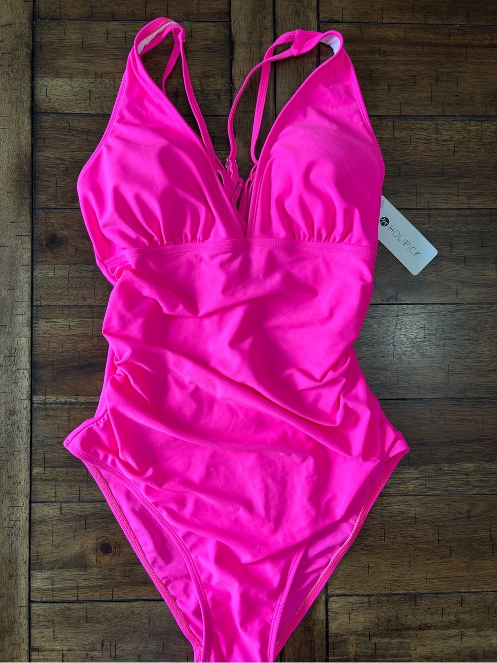 Holidip Neon Pink One-Piece Swimsuit with V-Neck and Adjustable Straps